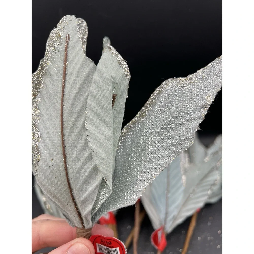 10 CHRISTMAS Poinsettia Sea Aqua Blue Silver Glitter Tree Decor Floral Pick Stem